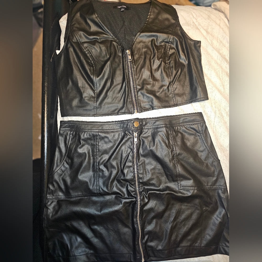 Black Faux Leather Vest and Skirt Set